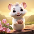 Charming Mouse Illustration With Big Eyes On A Rock And Flower