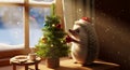 Charming mouse in santa hat decorating tiny christmas tree by cozy window Royalty Free Stock Photo