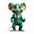 Charming Illustration Of A Green Suit Mouse: Ray Tracing And Maya Rendering