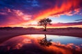 charming multi-colored sunset over a tree in the African desert. Reflection of the sunset in the lake surface Royalty Free Stock Photo