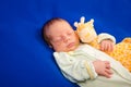 Charming newborn baby boy sleeping on a blue blanket with little toy Royalty Free Stock Photo