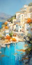 Charming Oil Painting Of A Town By The Water In The Style Of Irene Sheri