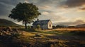 Charming Old House At Sunset In Picturesque Country Landscape Royalty Free Stock Photo