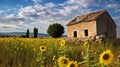 Charming old house surrounded by sunflowers Royalty Free Stock Photo