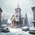 Charming Ornate Vintage Church Snowfall Retro Old Building Steeple Exterior AI Generate