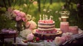 A charming outdoor picnic setting with a birthday cake and candles