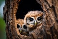 Charming owl chicks peek from tree hollow nest, copy space Royalty Free Stock Photo