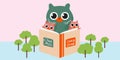 Charming Owl Reading Bedtime Story to Owlets on Moon