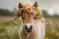 Charming Palomino Foal Adorned with Floral Wreath in Blossoming Meadow, Symbol of Spring and Innocence