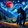 A charming panther in a bteathtaking valley, with red moon, a starry sky night, plants, tree, flower, a painting