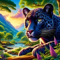 A charming panther with sharp eyes, in a breathtaking jungle, with a scenic landscape, bold painting