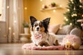 A charming papillon lies on a soft rug in a New Year\'s atmosphere