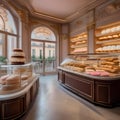 A charming Parisian patisserie with pastel colors, ornate details, and a display of decadent pastries2