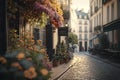 Charming Parisian Street with Colorful Flowers and Quaint Cafes
