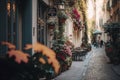 Charming Parisian Street with Colorful Flowers and Quaint Cafes