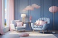 Charming pastel baby room, blue wall, white sofa, pink accents Royalty Free Stock Photo