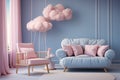 Charming pastel baby room, blue wall, white sofa, pink accents Royalty Free Stock Photo