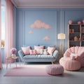 Charming pastel baby room, blue wall, white sofa, pink accents