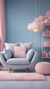 Charming pastel baby room, blue wall, white sofa, pink accents Royalty Free Stock Photo