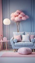 Charming pastel baby room, blue wall, white sofa, pink accents