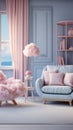 Charming pastel baby room, blue wall, white sofa, pink accents