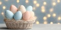 Charming Pastel Easter Eggs in a Rustic Wicker Basket Surrounded by Soft Bokeh Lights and Flowers Royalty Free Stock Photo
