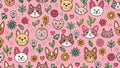 Charming pastel pink pet pattern featuring adorable animal faces and delightful floral elements. Generative AI Royalty Free Stock Photo