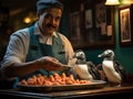 Penguin waiter with miniature tray in cool background