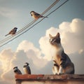 Cat sits on rooftop gazing at three birds on wire