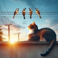 Cat sits on rooftop gazing at three birds on wire Royalty Free Stock Photo