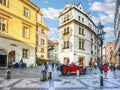 A charming picturesque street scene and vintage car in Old Town Prague Czech Republic