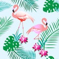 Charming pink flamingos. Tropical plants. Light background. Seamless pattern. Can be used for material, paper.