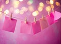 Charming Pink Sticky Notes on a String A Creative and Personal Reminder System with Bokeh Effect for a Royalty Free Stock Photo