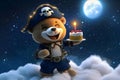 Charming pirate teddy bear with cake on cloud under moonlit sky Royalty Free Stock Photo