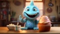 Charming Pixar Style Cartoon Creature With Cupcakes On Table