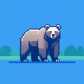 Pixel Art Bear Standing on Blue Ground, Retro Style Royalty Free Stock Photo