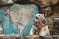 A charming polar bear poses in front of an ancient map. The natural beauty shines through. This image captures wildlife