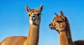 A beautiful headshot of a pair of fluffy alpacas looking at the camera with a brilliant blue sky behind Royalty Free Stock Photo