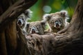 charming portrait of koala family, including mother and father, clambering through the trees