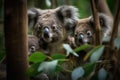 charming portrait of koala family, including mother and father, clambering through the trees