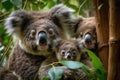 charming portrait of koala family, including mother and father, clambering through the trees