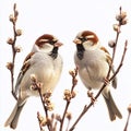 Two sparrows perched on a budding branch in early spring isolated on  white  background Royalty Free Stock Photo