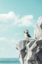 charming puffin made from textured paper perches gracefully on a rugged cliff, gazing at the serene ocean below, framed