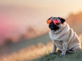 Charming Pug with Sunglasses Posing Outdoors in Golden Sunset Light. Royalty Free Stock Photo