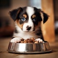 Charming Puppy Enjoying Dog Food from a Bowl. Generative AI