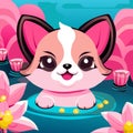 Charming Puppy in Pond - Cute Floral Illustration