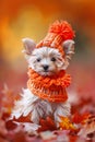 Charming puppy in stylish hat and scarf on fall setting with ample room for text placement