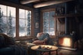 Warm winter cabin with blazing fire and snow outdoors