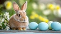 A charming rabbit rests beside colorful eggs on a festive table, capturing the essence of Easter celebrations and Royalty Free Stock Photo