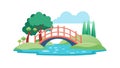 Charming Red Bridge Over Stream in Green Park, vector design Generative AI Royalty Free Stock Photo